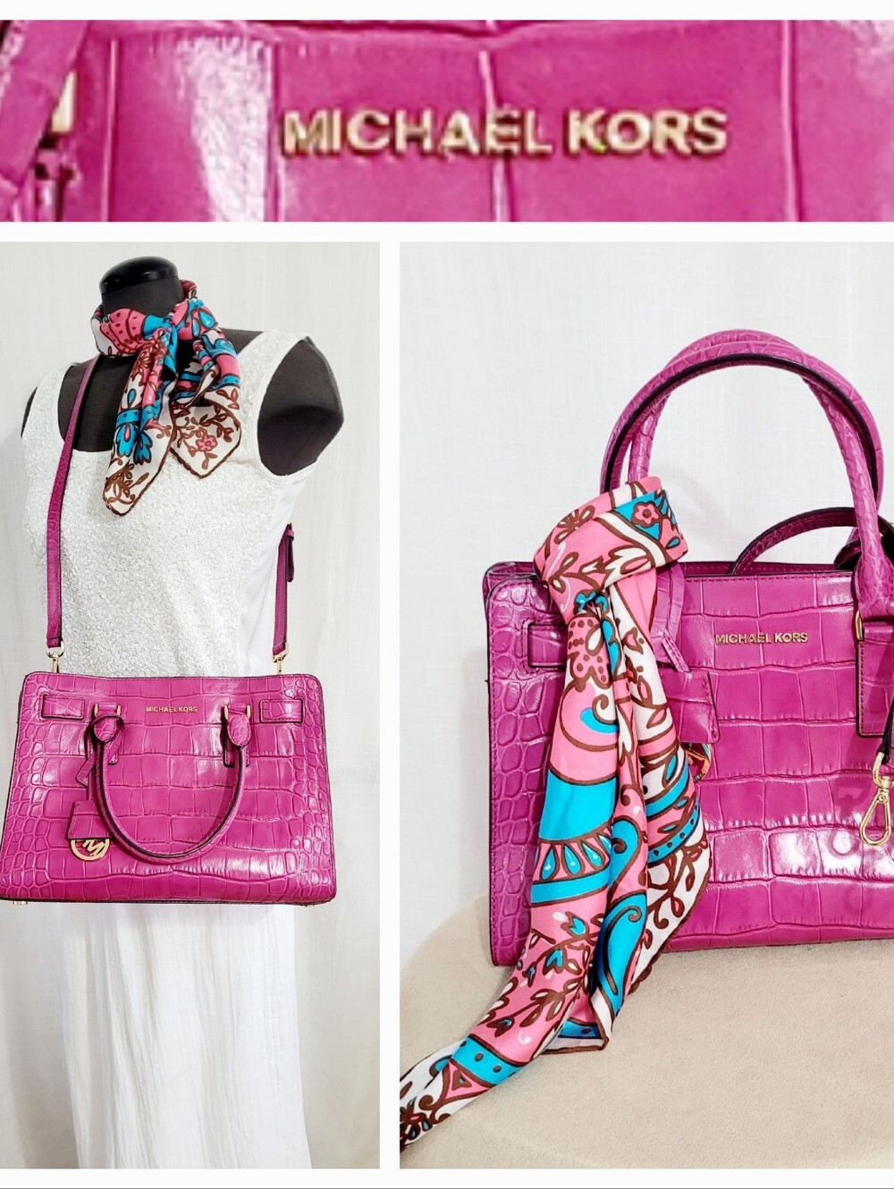 Michael Kors Fushia Dillon Crocodile Embossed Bag